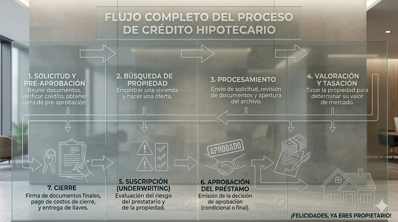 Flujo Completo del Proceso de Crédito Hipotecario — 7 pasos desde la Solicitud hasta el Cierre